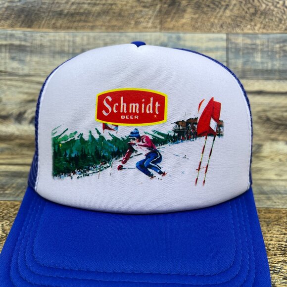 Schmidt Beer Mens Trucker Hat Blue Snapback Skiing Vintage Logo Baseball Cap - Picture 3 of 7